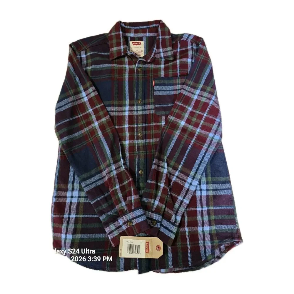 Levi's Boys XL (13-15) Plaid Collared Long Sleeve Button-Up Flannel Shirt, Logo